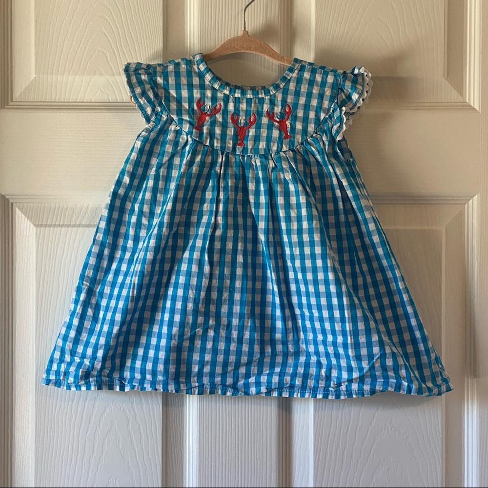 Baby girls blue gingham lobster dress